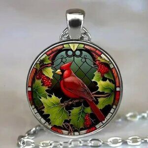 Silver Christmas CARDINAL Glass Cabochon Pendant Necklace